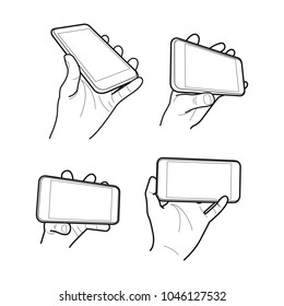 Hands collection, Vector illustration, Hand holding smartphone, Isolated, Outline, Doodle