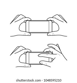 Hands collection, Vector illustration, Hand holding smartphone, Isolated, Outline, Doodle