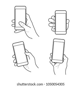 Hands collection, Vector illustration, Hand holding smartphone, Isolated, Outline, Doodle