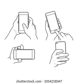Hands collection, Vector illustration, Hand holding smartphone, Isolated, Outline, Doodle