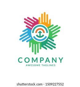 hands color and circle connected symbol in center logo design template.