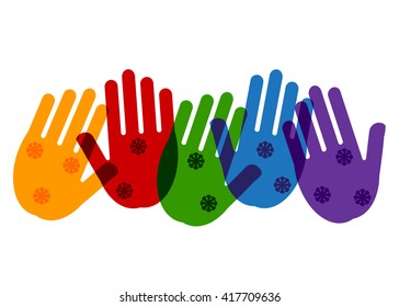 hands of color of a rainbow. Color hands and flowers on a white background