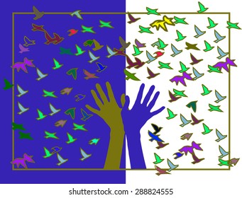 hands with colored birds in the frame