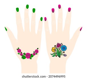 Hands with colored manicure on a white background. Floral tattoo designs on the arm. Bouquet and garland. Vector illustration. 