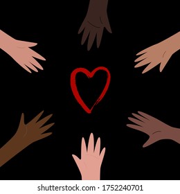 Las manos coloreadas de blanco a negro se organizan en círculo, y llegan al corazón rojo. Anti racismo, igualdad racial, diferentes colores, el mismo concepto de sangre. Ilustración vectorial, plantilla de medios sociales