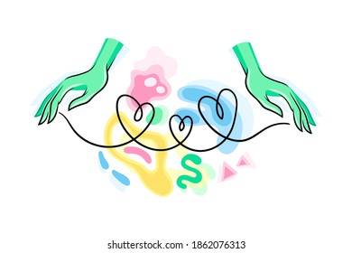 Hands with Colorful Abstract Shapes and Contour Hearts Vector Illustration