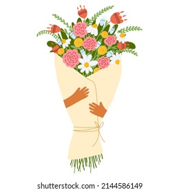 Hands with a colorful bouquet of flowers in cartoon flat style. Concept of Women s day March 8, mother day, date, Valentine s Day. Vector illustration for card, poster