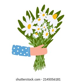 Hands with a colorful bouquet of flowers in cartoon flat style. Concept of Women s day March 8, mother day, date, Valentine s Day. Vector illustration for card, poster