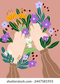 Hands with Colorful flowers and leaves on peach background for branding, fabric print, wallpaper, social media post, doodle, notes, book covers, wall decor.