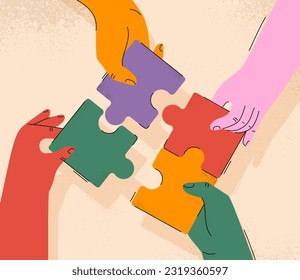 Hands with colorful puzzles concept. Collaboration, cooperation and partnership. Colleagues working on common project or task, teamwork. Relationship in team. Cartoon flat vector illustration