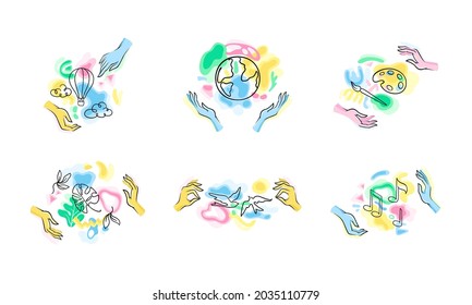 Hands with Colorful Shapes and Contour Objects Vector Set