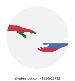Hands in the colors of the national flag of Russia and Belarus reach out to each other. Russia's support. Policy concept.