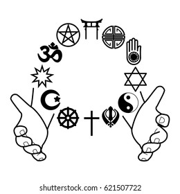 hands with combination of religious symbols. Symbols of major religions in the world. 