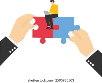 Hands combine puzzle pieces. Flat modern vector illustration.

