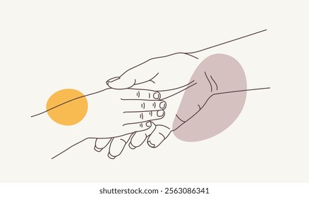 Hands in a comforting gesture, symbolizing care, support, and connection, with abstract shapes and soft earthy tones. Minimalistic line art vector illustration