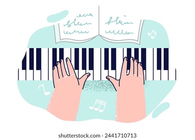 Hands of composer playing piano and learning notes of classical compositions for performance at instrumental music concert. Professional composer uses keyboard musical instrument as hobby.