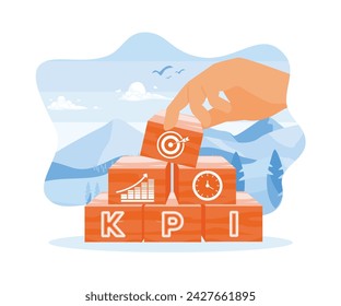  Las manos están componiendo cubos con iconos de KPI. Planifique y mida el éxito empresarial. Concepto de KPI. vector plano ilustración moderna 