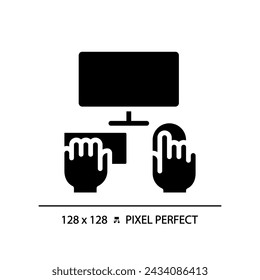 Hands with computer pixel perfect black glyph icon. Person working on PC. Electronic equipment for work and hobby. Silhouette symbol on white space. Solid pictogram. Vector isolated illustration