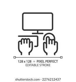 Hands with computer pixel perfect linear icon. Person working on PC. Electronic equipment for work and hobby. Thin line illustration. Contour symbol. Vector outline drawing. Editable stroke