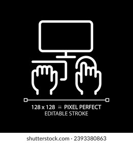 Hands with computer pixel perfect white linear icon for dark theme. Person working on PC. Equipment for work and hobby. Thin line illustration. Isolated symbol for night mode. Editable stroke