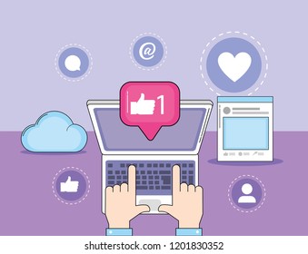 hands with computer social media message