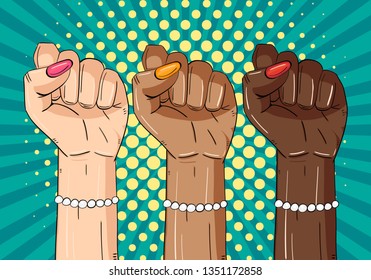 Women’s hands. Concept of equality, girl’s power and women’s strength. Vector colorful background in pop art retro comic style.
