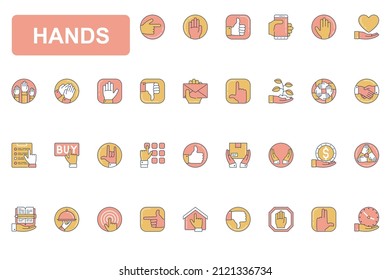 Conjunto de iconos de línea simple de concepto de manos. Empaquetar los pictogramas de las manos humanas mostrando diferentes gestos. Señales bien, arriba, espera, para, como, no me gusta y otros. Elementos vectores para aplicaciones móviles y diseño web