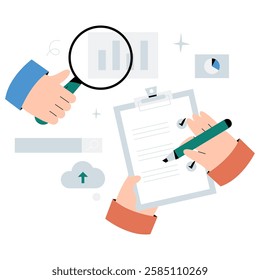 Hands Conducting Research And Analysis With Clipboard And Magnifying Glass. Flat Vector Illustration About Data Review, Business Strategy, And Decision Making, Isolated On White Background.