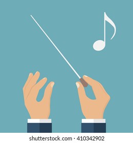 Hands of conductor orchestra. Music background. Conductor's stick isolated icon. Baton in hands of conductor. Flat design, vector. Music director. Maestro, composer.