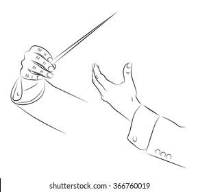 Hands of conductor orchestra vector line illustration