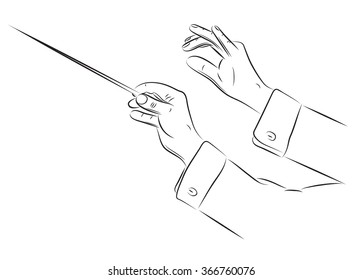 Hands of conductor orchestra vector line illustration