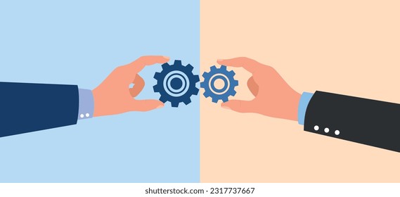 Hands connect gear tools wheel, teamwork and collaboration concept, gear connexion 