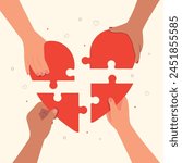 Hands connect a pieces of heart puzzle together. Charity and donation. Give and share your love to people. 