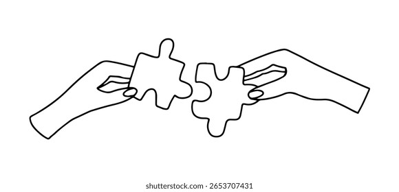 Hands connect puzzle pieces vector doodle illustration