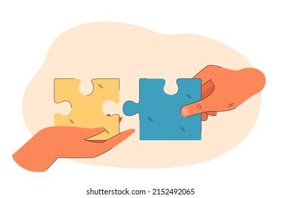 Hands connecting blue and yellow puzzle flat vector illustration. Jigsaw, connection, solution, praying, support, independence concept for banner, website design or landing web page