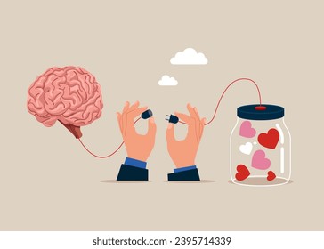 Hands connecting brain and heart interactions. Emotional Intelligence and empathy. Self control or balance between mind and feelings. best teamwork. Vector illustration