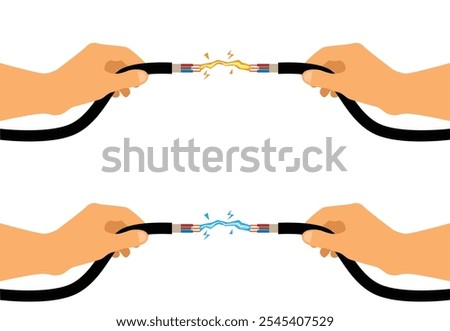 Hands Connecting Broken Wire with Electricity Running Inside. Danger and industrial electrician work vector art.