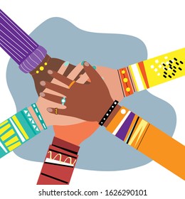 Hands connecting a diverse group of people. The concept of cooperation, friendship, teamwork. Vector illustration on a white background