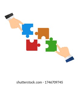 Hands connecting four jigsaw puzzle pieces to each other. Business solutions, success, teamwork and strategy concept. Flat design vector illustration isolated on white background
