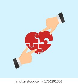 Manos conectando cuatro piezas de rompecabezas entre sí. Soluciones empresariales, éxito, trabajo en equipo y concepto de estrategia. Ilustración vectorial de diseño plano aislada en el fondo