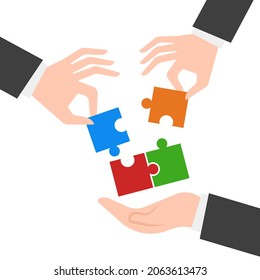Hands connecting four jigsaw puzzle pieces to each other. Hands with colorful pieces of puzzle. Business solutions, success, teamwork and strategy concept. Flat vector illustration isolated on white