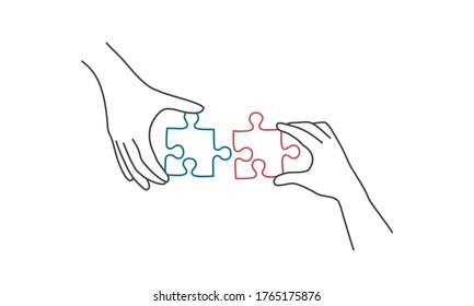 Hands connecting jigsaw puzzle  Line drawing vector illustration 