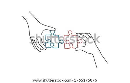 Hands connecting jigsaw puzzle. Line drawing vector illustration.