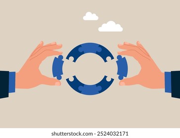 Hands connecting jigsaw puzzle shape circle. Thinking to solve business problem, business connection concept. Flat vector illustration 