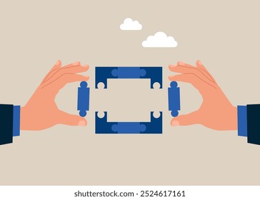 Hands connecting jigsaw puzzle shape square. Thinking to solve business problem, business connection concept. Flat vector illustration 