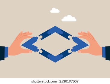 Manos conectando rompecabezas rombo forma. Pensar para resolver problemas de negocios, concepto de conexión de negocios. Ilustración vectorial plana 
