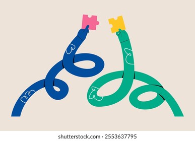 Hands connecting jigsaw puzzle together. Imagination process concept. Colorful vector illustration