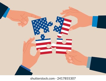 Hands connecting puzzle elements flag of United State of America. Vector illustration