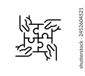 Hands connecting puzzle icon. Simple outline style. 4 hands connecting four puzzle pieces into a full square, community concept. Thin line symbol. Vector illustration isolated.