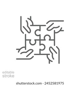 Hands connecting puzzle icon. Simple outline style. 4 hands connecting four puzzle pieces into a full square, community concept. Thin line symbol. Vector illustration isolated. Editable stroke.